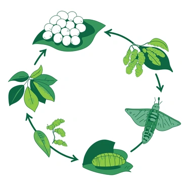 An illustration depicting "the life cycle of a silkworm" with various distinct stages. The image includes a cluster of "small white silkworm eggs" resting on a leaf, showcasing their initial phase. Next, there are "tiny green caterpillars" emerging from the eggs, feeding on mulberry leaves, displaying their growth in size. Following this, there are "larger silkworms" actively munching on the leaves, their bodies marked with "striped patterns". The next stage features a "silkworm cocoon" suspended in mid-air, demonstrating the transformation process. Finally, there is a depiction of a "mature moth" resting on a leaf, its delicate wings partially spread, emphasizing the completion of the life cycle. The entire scene is framed in a balanced composition, highlighting each phase clearly.