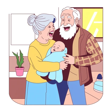 An excited elderly couple stands together in a cozy living room, both wearing warm smiles. The grandmother has silver hair tied in a bun, and she is dressed in a soft yellow sweater and a blue skirt. The grandfather, with a bushy white beard, is wearing a plaid shirt and denim jeans. They are gazing lovingly at a small, bundled infant cradled gently in the grandmother's arms. The baby is wrapped in a light blue blanket, with just a tiny face peeking out. Sunlight streams through a nearby window, casting a warm glow over the joyful scene. A small plant sits on a table next to them, adding a touch of greenery to the setting.