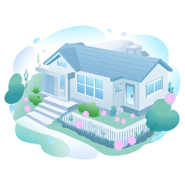 A quaint suburban home is depicted with a detailed floor plan view that showcases the layout of the rooms. The exterior of the home features a cozy porch with a comfortable rocking chair placed near the entrance. Surrounding the house is a well-maintained garden filled with colorful flowers and lush greenery. There are neatly arranged paths leading through the garden, and a small fence borders the property, enhancing the charming atmosphere of the scene.