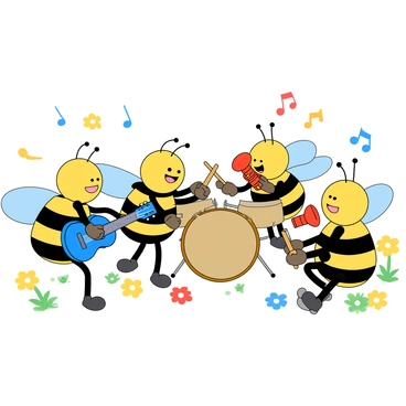 A cheerful band of cartoon bees, each with bright yellow and black stripes, is gathered together. One bee plays a tiny blue guitar, while another holds a small red trumpet. A third bee is sitting at a miniature drum set, using its wings to strike the drums. The bees have expressive faces, showing joy and excitement as they play their music. Around them, colorful flowers bloom and a few musical notes float through the air, adding to the lively atmosphere of the scene.