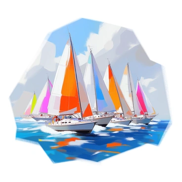A fleet of sailboats is racing across a vibrant blue ocean, their colorful sails fully unfurled and catching the steady global winds. Each sailboat exhibits unique designs, with some featuring bright red, others deep blue, and a few adorned with intricate patterns. The hulls of the boats slice through the waves, creating frothy white spray as they compete for the lead. In the background, a clear sky stretches overhead, with a few wispy clouds, adding to the dynamic scene of the exhilarating race. The serene yet energetic atmosphere of the ocean enhances the excitement of the sailboats in motion.