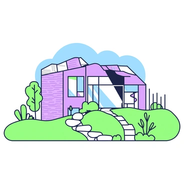 A well-designed home is situated on a hillside, taking advantage of natural sunlight. The house features large windows that reflect the sunlight, allowing ample light to enter the interior space. There are distinct overhangs extending from the roofline, providing shade to the windows below. The exterior walls are made of textured materials, contributing to the overall aesthetic of the structure. Surrounding the home, there is a landscaped area with native plants that complement the design. A pathway made of natural stones leads up to the entrance. In the background, a clear blue sky completes the scene.