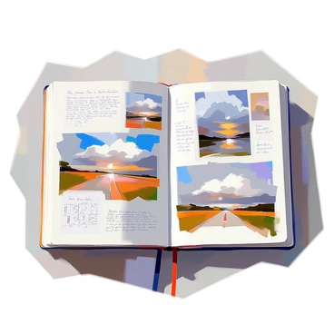 A travel journal page displaying a collection of memories from a journey through the countryside, featuring a series of photographs capturing the details of an occluded front. The page includes several sketches that illustrate the unique cloud formations associated with the weather phenomenon, such as dark, heavy clouds interspersed with lighter areas. A small map is included, marking the route taken, along with notes and annotations in the margins describing the experiences and observations during the trip. The overall layout is artistic and organized, showcasing both the images and written reflections harmoniously.