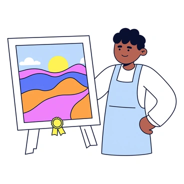 An artist with short black hair is standing proudly next to their award-winning painting. The artist is wearing a light blue apron over a white shirt. The painting features vibrant colors, depicting a serene landscape with rolling hills and a bright sunset. A gold ribbon is displayed at the bottom corner of the painting, indicating its award status. The art show background features white walls and soft lighting, highlighting the painting and the artist.