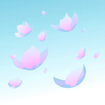 Cherry blossom petals in various shades of white and red are swirling gently in a soft breeze. The petals are delicate and translucent, catching the light as they dance through the air. In the background, a clear blue sky provides a serene backdrop, highlighting the movement of the petals. Some petals are closer to the viewer, while others appear to be floating further away, creating a sense of depth in the scene.