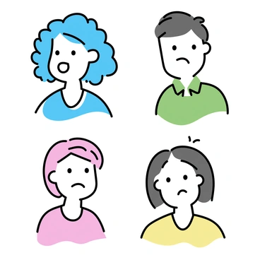 A series of four portraits, each featuring a different person displaying a distinct expression. The first portrait shows a smiling woman with curly hair, drawn in blue marker. The second portrait depicts a man with a surprised expression, illustrated in green marker. The third portrait features a frowning child with straight hair, rendered in red marker. The last portrait showcases an elderly person with a neutral expression, created using yellow marker. Each portrait has a simple, minimalistic background to highlight the expressions and colors.