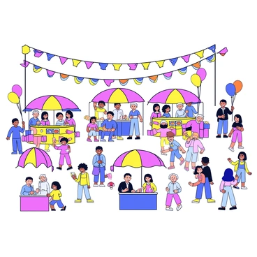 A lively summer festival scene filled with a variety of colorful banners hanging across the area. There are numerous food stalls with bright umbrellas, offering different types of food. Groups of families are scattered throughout the scene, engaging in various carnival games, with children laughing and participating enthusiastically. Colorful balloons are tied to some of the stalls, adding to the festive atmosphere.