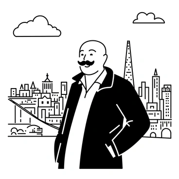 A man named Ted Lasso is standing on a high vantage point, overlooking the city of London. He is wearing a dark jacket and a light-colored shirt, with a distinct mustache on his face. Ted is smiling, radiating a sense of contentment as he gazes at the sprawling cityscape. Below him, iconic landmarks such as the Tower Bridge and the Shard are visible in the distance, while clouds drift across the sky above. The scene captures the expansive view of London's architecture and bustling activity.