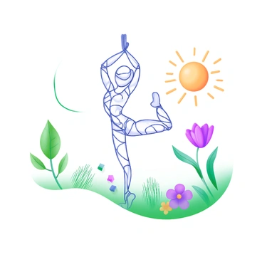A wire figure in a yoga pose, with intricate twists and curves representing the human form. The figure is elegantly balanced on one leg, with arms raised gracefully. Surrounding the wire figure are detailed elements of nature: leafy green plants with delicate outlines, gently swaying grass, and colorful flowers scattered throughout. The background features a stylized sun with soft rays emanating outward, illuminating the scene. The overall composition emphasizes the harmony between the wire figure and the surrounding natural elements.