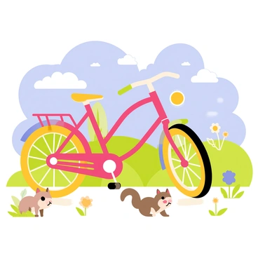 A vibrant scene featuring a colorful bicycle with a shiny silver lighter attached to the handlebar. The bicycle has a bright red frame and yellow tires. The background shows a sunny park with green grass and blooming flowers. A blue sky is scattered with fluffy white clouds. A few playful squirrels can be seen near the bicycle, adding to the lively atmosphere.