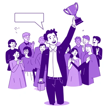 A person is standing on stage, holding a trophy high above their head, with a bright smile on their face. The individual is wearing a formal outfit, which consists of a fitted suit and a crisp shirt. Their hair is neatly styled, and their eyes are gleaming with joy. In the background, an audience is clapping, with some standing and cheering. The spotlight is focused on the person receiving the award, creating a clear distinction between them and the audience.