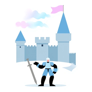A stickman knight stands proudly with an upright posture, holding a simple sword in one hand. The knight is wearing a basic helmet and has a minimalistic shield on the other arm. In the background, a large medieval castle towers, featuring tall stone walls, battlements, and a central flag fluttering in the wind. The sky above shows gradient pastel colors, transitioning from soft pink to light blue, adding a whimsical touch to the scene.
