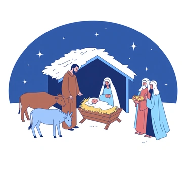 A white nativity scene is set under a dark blue starlit sky. In the center, there is a wooden stable with a thatched roof, where a baby is peacefully lying in a hay-filled manger. Surrounding the manger are several figures, including a tall man in a brown robe and a woman in a flowing blue dress, both gazing lovingly at the baby. Beside them, a gentle gray donkey and a brown cow are quietly observing the scene. There are also three colorful figures of wise men holding gifts, standing to one side. The entire scene is illuminated by the soft glow of stars, enhancing the tranquil atmosphere.