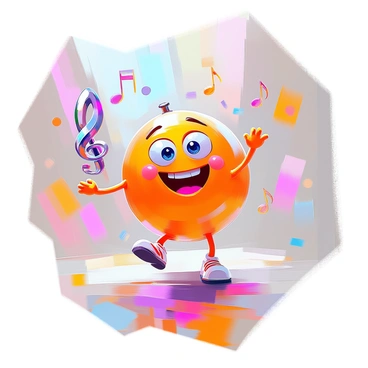 A cartoon character with a bright, colorful design is dancing joyfully to music. The character has a cheerful expression, with large eyes and a wide smile. One of the character's hands is a shiny metallic hook, which adds a unique feature to its appearance. The character is in a lively pose, with one leg raised and arms in motion, conveying a sense of movement. Around the character, musical notes are floating in the air, suggesting the rhythm and excitement of the music. The background is filled with vibrant colors, enhancing the joyful atmosphere of the scene.