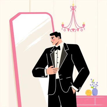 A person in a classic black tuxedo stands in front of a tall, ornate mirror. The tuxedo has a sleek satin lapel that catches the light. The individual is adjusting a black bow tie, holding the ends carefully. The reflection in the mirror shows their focused expression. The background features a soft, elegant room with patterned wallpaper and a vintage chandelier hanging above. There are a few decorative items on a nearby table, adding to the sophisticated atmosphere.