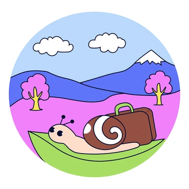 A small snail with a glossy, spiraled shell is pulling a tiny, vintage brown suitcase with a handle. The snail is positioned on a vibrant green leaf, ready to embark on its adventure. In the background, a vast, fantastical landscape unfolds, featuring whimsical pink trees with fluffy tops and rolling hills in shades of violet. A bright blue sky filled with fluffy white clouds stretches overhead, while distant mountains with jagged peaks add depth to the scene. The snail's eyes are wide and curious, hinting at the excitement of the journey ahead.