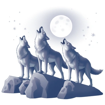 A group of wolves standing on a rocky outcrop. The wolves are in various poses, some raising their heads with mouths open, howling, while others maintain watchful stances. The full moon rises in the background, illuminating the scene with a soft light. The night sky is filled with scattered stars, enhancing the sense of the wilderness. The wolves have thick fur, and their eyes are bright, reflecting the moonlight. The rocky terrain under their paws is rugged and uneven, adding to the natural environment.