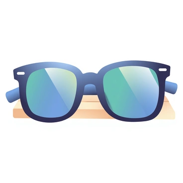 A pair of stylish sunglasses is prominently displayed in the center of the image. The frames are bold, featuring a glossy black finish that contrasts sharply with the vibrant gradient lenses, which transition smoothly from a deep blue at the top to a lighter aqua at the bottom. The glasses are resting on a wooden surface, with soft lighting that accentuates their sleek design. A soft shadow is cast beneath them, enhancing their three-dimensional appearance.