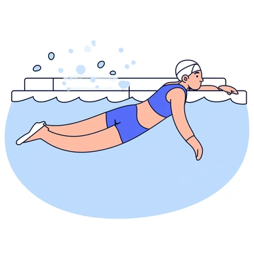 A swimmer in a streamlined position diving into a clear blue swimming pool. The swimmer is wearing a sleek, fitted swimsuit and a swim cap. Water droplets are splashing around as the swimmer enters the water. The pool features a light blue color with clear, rippling surface reflections. The background includes simple outlines of poolside tiles.