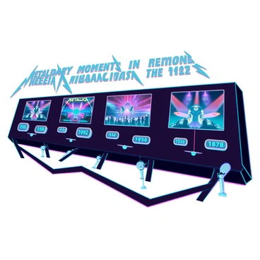 An illustrated timeline features significant moments in Metallica’s history. At the top, there is a bold title in large font that reads "Legendary Moments in Metallica's History." Below the title, there are vibrant images representing each album release. Each album cover is displayed alongside its release year in a distinct font. Notable concerts are illustrated with energetic scenes of the band performing on stage, capturing the excitement of the crowd and lighting effects. Key events like awards and milestones are marked with icons such as trophies and microphones. Each section of the timeline is connected with a sleek, modern line that flows from one event to the next, creating a cohesive narrative of Metallica's journey. The overall color palette reflects the band's iconic aesthetic, using dark tones and metallic accents.