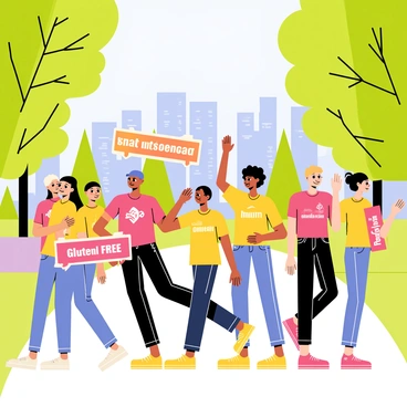 A group of diverse individuals walking together in a city park, holding colorful banners that read "Celiac Disease Awareness" and "Support Gluten Free." Some participants are wearing matching bright t-shirts featuring gluten-free symbols. Trees with lush green foliage surround the walking path, and a clear blue sky is overhead. In the background, city buildings can be seen peeking through the branches, adding a touch of urban atmosphere. A few people are chatting and smiling, while others are raising their arms in support.