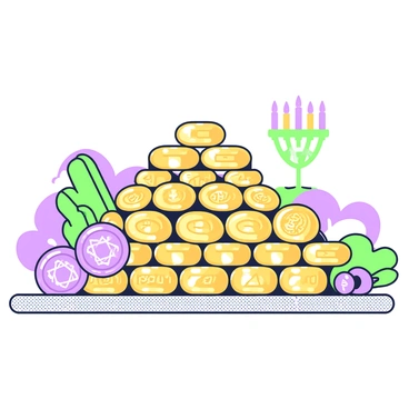 A large pile of shiny chocolate coins sits on a textured surface. Each coin is wrapped in reflective gold foil, catching the light and creating a gleaming effect. The coins are stacked in various positions, some partially overlapping, showcasing the intricate designs embossed on their surfaces. Scattered around the pile, there are a few purple dreidels and a green menorah, adding a festive touch to the scene. In the background, hints of soft fabric and holiday decorations subtly frame the composition.
