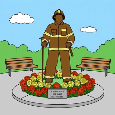 A large bronze statue of a firefighter stands proudly in the center of a public square. The firefighter is depicted wearing a traditional helmet and a uniform, with one hand resting on an axe and the other hand holding a hose. Surrounding the statue are vibrant flower beds filled with red and yellow blooms, adding a pop of color to the scene. In the background, there are several benches made of wood where people can sit and enjoy the view. The sky is a clear blue, and a few fluffy clouds float above, contributing to the cheerful atmosphere of the square. A small plaque at the base of the statue reads, “In Honor of Our Brave Firefighters.”