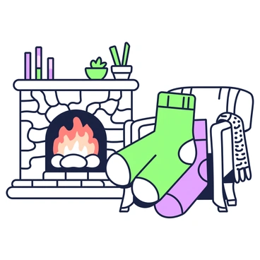 A pair of wool socks is placed neatly beside a crackling fireplace in a snug cabin. The socks are haphazardly aligned, with one resting slightly higher than the other. The fireplace is outlined, showcasing the warm glow of the flames inside. To the left of the fireplace, there is a wooden mantel adorned with a few decorative items, including a small potted plant and a set of candles. The stone walls of the cabin add texture, while the wooden floorboards are visible beneath. A soft, knitted blanket is draped over the arm of a nearby chair, creating a warm, inviting atmosphere.