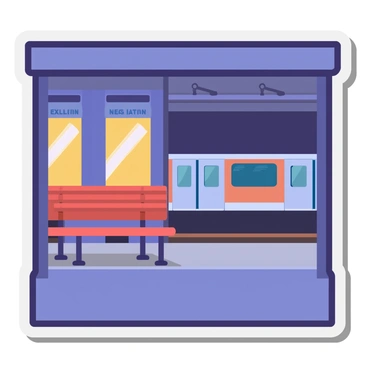 A metro station at night with glowing neon lights illuminating the platform and empty benches. The walls are adorned with colorful advertisements reflecting the lights, while a single train is arriving in the background. The scene conveys a calm and quiet atmosphere with no people present.