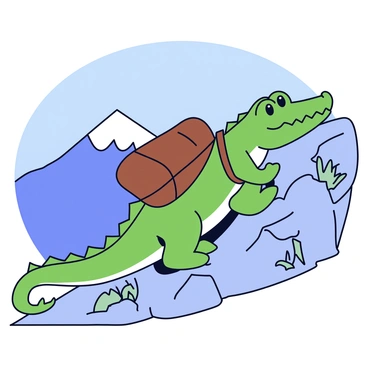A crocodile with green scales is wearing a brown backpack. The backpack is snugly secured to its back with straps. The crocodile is climbing up a rocky mountain trail lined with patches of grass and small bushes. In the background, there is a clear blue sky and distant mountain peaks. The trail is winding, showcasing the elevation gain as the crocodile progresses.