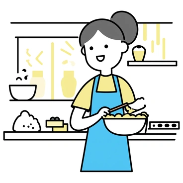 A woman named Hermine is standing in a well-lit kitchen, wearing a blue apron. She is mixing cookie dough in a large bowl with a wooden spoon. The countertop is filled with various ingredients such as flour, sugar, and chocolate chips, arranged neatly in bowls. Sunshine streams through the window, casting warm light across the scene. Hermine has a bright smile on her face, reflecting her joy in baking. A tray of freshly baked cookies is cooling on the counter beside her.