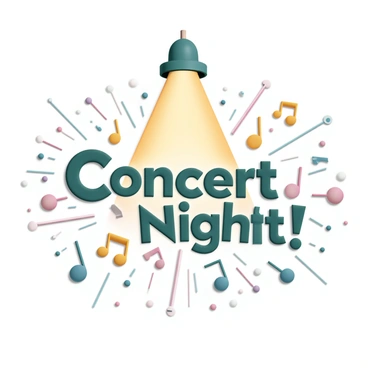 An invitation featuring the text "Concert Night!" prominently displayed in bold, eye-catching letters. Surrounding the text are various colorful "musical notes" in different sizes and orientations, creating a vibrant atmosphere. In the background, a large "stage spotlight" beams down from above, casting a dramatic light that highlights the invitation's details. The overall design is filled with dynamic lines and bursts of color to convey a sense of excitement and energy.