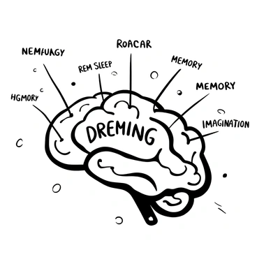 An artistic brain illustration with areas related to dreaming labeled