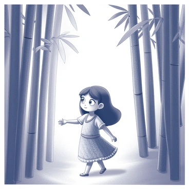 A Bengali girl walking through a dense bamboo forest. She has long hair and wears a traditional dress, featuring intricate patterns. Her eyes are wide with curiosity as she observes her surroundings. The tall bamboo stalks rise around her, creating a natural canopy above. Sunlight filters through the leaves, casting a dappled pattern on the ground. She reaches out to touch a bamboo shoot, her hand extended with a sense of wonder. The forest is lush and full of textures, emphasizing the vibrant nature around her.