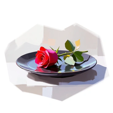 A minimalist composition features a smooth black plate placed on a stark white background. At the center of the plate, there is a single red rose with velvety petals, its stem elegantly resting across the plate. The contrast between the deep red of the rose and the black plate creates a striking visual appeal, while the simplicity of the scene emphasizes the beauty of the flower.