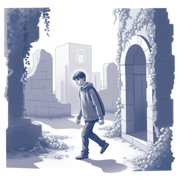 A young man named Eragon is walking through ancient ruins. He is dressed in simple yet sturdy clothing suitable for exploration. The ruins consist of crumbling stone walls and archways, partially hidden beneath a thick layer of overgrown vines that drape from the structures. Sunlight filters through the foliage, casting intricate shadows on the ground. In the distance, a few mysterious stone carvings can be seen, hinting at a forgotten history. Eragon's expression is one of curiosity as he examines the surroundings, ready to uncover the hidden mysteries that lie within the overgrown landscape.