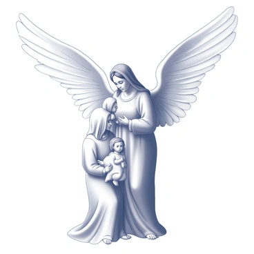 An angel is depicted with outstretched wings, showcasing intricate feather details. The angel has a serene expression, radiating compassion and grace. The Holy Family, consisting of Mary, Joseph, and the infant Jesus, is positioned below the angel. Mary is shown with a gentle look, holding the child close, while Joseph stands protectively beside them. The composition conveys a sense of unity and divine presence, with the angel overseeing the scene in a caring manner.