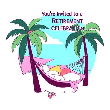 A cheerful invitation for a retirement party is designed with a prominent "hammock" nestled between two "palm trees" that sway gently. The hammock appears inviting, draped comfortably and adorned with a few colorful cushions. The palm trees are tall, with lush green fronds creating a tropical atmosphere. In the background, there are hints of a bright blue sky and soft clouds, enhancing the festive feel. At the top of the invitation, bold text states "You're Invited to a Retirement Celebration!" in a playful font. The overall composition exudes a warm and inviting vibe, perfect for a joyful gathering.