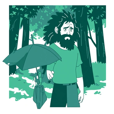 A large man with wild black hair and a thick beard is standing in a forest clearing. He is holding a dark teal umbrella, which is partially open, revealing fragments of a broken wand tucked inside. The man’s expression is a mix of concern and secrecy as he glances around, ensuring no one is watching. The tree trunks in the background are dense, with thick green foliage creating a sense of privacy. The sun filters through the leaves, casting dappled light on the scene.