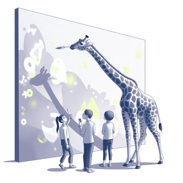 A giraffe with a long neck is reaching up towards a large mural on a city wall. It holds a paintbrush in its mouth, carefully applying strokes of paint to the upper sections of the mural. The wall is adorned with vibrant designs and intricate patterns. Below the giraffe, people are watching with expressions of curiosity and delight. The scene captures the giraffe's elongated form and its unique position while engaged in this creative activity.