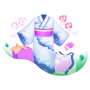 A modern pastel illustration featuring a collection of clothing items inspired by traditional Japanese patterns. The scene includes a flowing kimono adorned with intricate wave and floral motifs in soft blue and pink hues. A matching obi belt cinches the waist, showcasing geometric designs. Surrounding the kimono are accessories such as a pair of stylish sandals with delicate cherry blossom details and a small handbag decorated with a pattern reminiscent of folding fans. The background is filled with subtle hints of traditional Japanese textiles, creating a harmonious and elegant presentation.