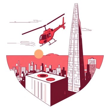 A red helicopter is lifting off from the rooftop of a tall white skyscraper. The helicopter's blades are spinning rapidly, creating a sense of motion as it ascends into the sky. Below, the skyline of a sprawling city can be seen, with numerous white and gray buildings in the background. The rooftop is adorned with a small red helipad, and a few figures can be seen on the roof, looking up at the helicopter. The sun is setting, casting a warm glow over the scene, creating a dramatic atmosphere.