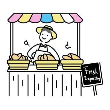 A boulanger selling baguettes from a small outdoor market stall