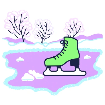 A close-up of ice skates gliding effortlessly across a frozen pond. The skates are detailed with laces and a shiny blade reflecting the surface beneath. The pond is surrounded by a border of crystallized ice and snow. In the background, there are blurred outlines of trees with branches lightly dusted with frost, and a distant view of a clear sky above. The movement of the skates creates a slight mist over the icy surface, capturing the dynamic action of skating.