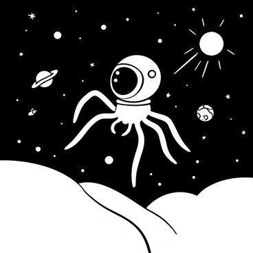 A spider with long, delicate legs is wearing a tiny astronaut helmet. It is floating in space against a backdrop of stars and celestial bodies. Several small planets and asteroids are visible in the distance. The spider's legs are gracefully extended, creating a sense of movement in the vast expanse. Light rays are radiating from a nearby star, illuminating the scene. The helmet is detailed, showcasing the various components of space gear.
