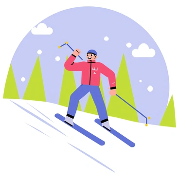 Vadivelu, a cartoon character with a big smile and expressive eyes, is skiing down a snowy mountain. He wears a bright red ski jacket and blue ski pants. Snowflakes are gently falling around him as he glides down the slope, leaving behind tracks in the fresh white snow. His ski poles are raised in excitement, and he is surrounded by tall pine trees covered in snow. The sky is a clear blue with a few fluffy white clouds.