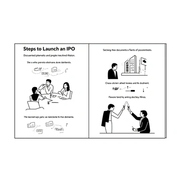 A detailed illustrated brochure displaying the steps of launching an IPO. The cover features the title "Steps to Launch an IPO" in bold lettering. Each section is labeled clearly, with step-by-step illustrations. The first section shows a group of professionals in a meeting room, discussing plans. The next section depicts documents being prepared, such as financial statements and regulatory filings. Following this, an image of a stock exchange building with a digital display showing stock prices is visible. The final section illustrates a celebratory scene, with a group of people raising glasses, symbolizing the successful launch. The layout is organized and easy to follow, with each step connected visually for clarity.