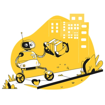 A small robot with a rounded body and flexible joints is rolling along a sidewalk. The robot has mechanical arms extended forward, holding a rectangular package securely. The sidewalk is lined with grass and small plants, while a few scattered pebbles can be seen on the ground. In the background, there are buildings with windows, depicting an urban setting. The robot's wheels are designed for smooth movement, and its sensors are visible on the front, giving it a focused appearance.
