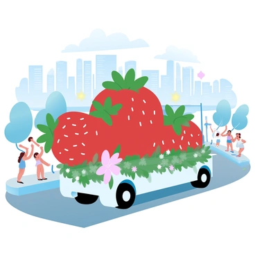 A parade float is rolling down a city street, decorated with large, vibrant strawberries that are bright red with green leafy tops. The float is adorned with lush greenery and floral arrangements to enhance the fruity theme. Colorful banners are attached to the sides of the float, and there are spectators on the sidewalk, looking at the float with excitement. The city skyline can be seen in the background, filled with buildings that tower above the street.