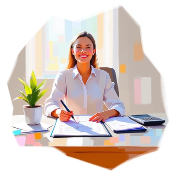 A satisfied individual with medium skin tone is standing at a wooden desk, smiling confidently as they hold a pen in one hand and check off a list titled "Financial Goals Achieved" on a notepad. The desk is cluttered with important financial documents, a small potted plant, and a calculator. A bright window in the background lets in natural light, illuminating the scene and highlighting the individual's joy and sense of accomplishment. The individual is wearing a smart-casual outfit, reflecting their professional demeanor.